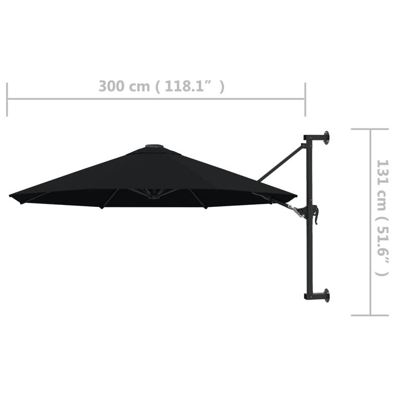 Solid Wall mounting parasol with metal mast 300cm black, Patio Cover, Outdoor Sun Protection, Rectangular Parasol, Classic Design, Durable Fabric, Steel Frame, Wallmounted Umbrella, Outdoor Umbrella, Commercial Outdoor