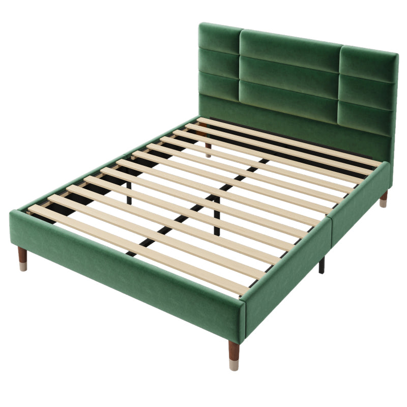Double Bed with Slatted Frame - Dark Green Upholstered Headboard, Sturdy No-Assembly Bed Frame, Heavy-Duty Construction for Adults & Teens - Mattress Not Included - Ideal for Modern, Headboard Cover For Bed Padded, Headboard
