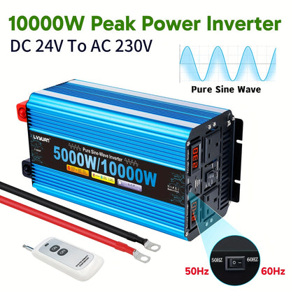 Pure Sine Wave Omvormer – Spanningsomvormer – Inverter – DC Naar AC Omvormer – Zonne-energie Omvormer – 24V 5000W Continu 10000W Piek – 4 AC Stopcontacten – Afstandsbediening & LED Display
