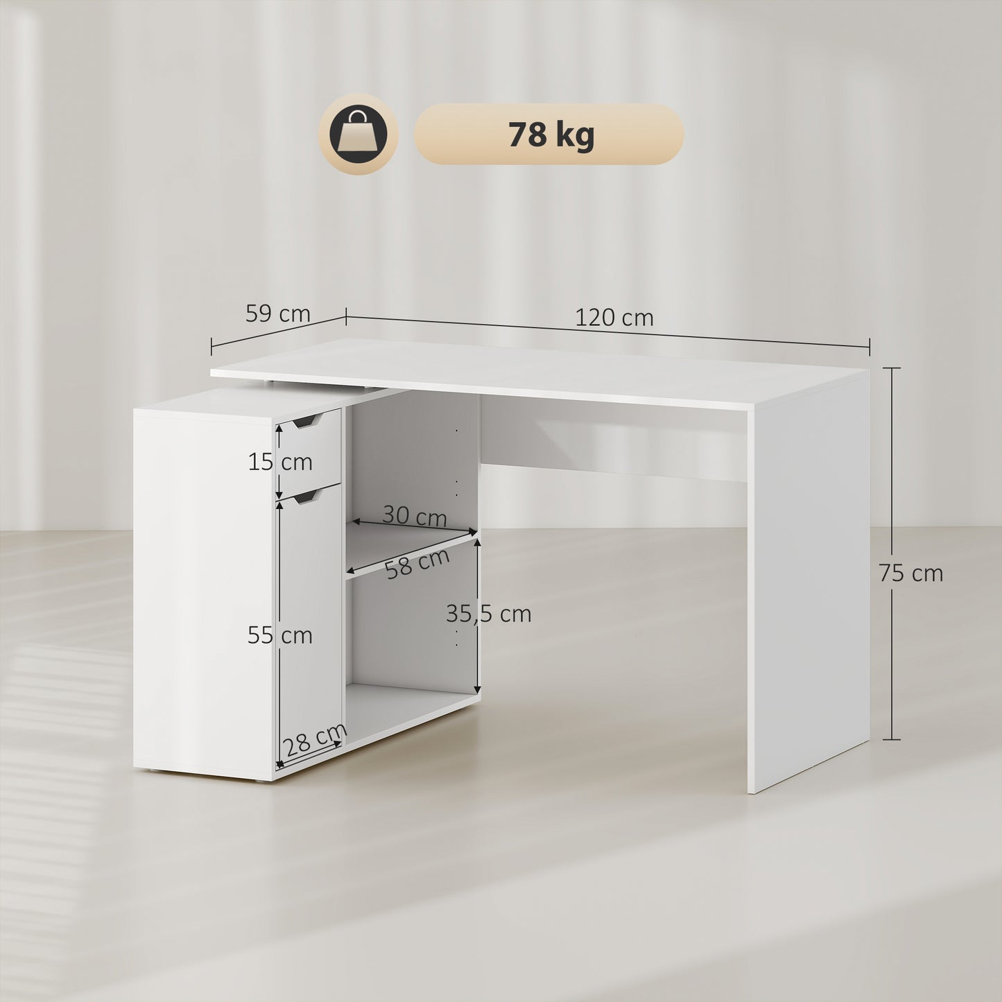 Bureau – Werkplek – Schrijftafel – Computertafel – Flexibele Bureau – Wit Met Houten Accenten – 2-Laagse Kast Met Lade En Open Planken