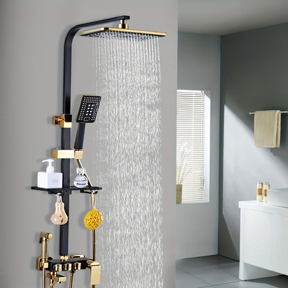 Regendouche – Douche Set – Handdouche – Douchekraan – Douchesysteem – Zwart-Goud – Verstelbare Hoogte – Messing & RVS
