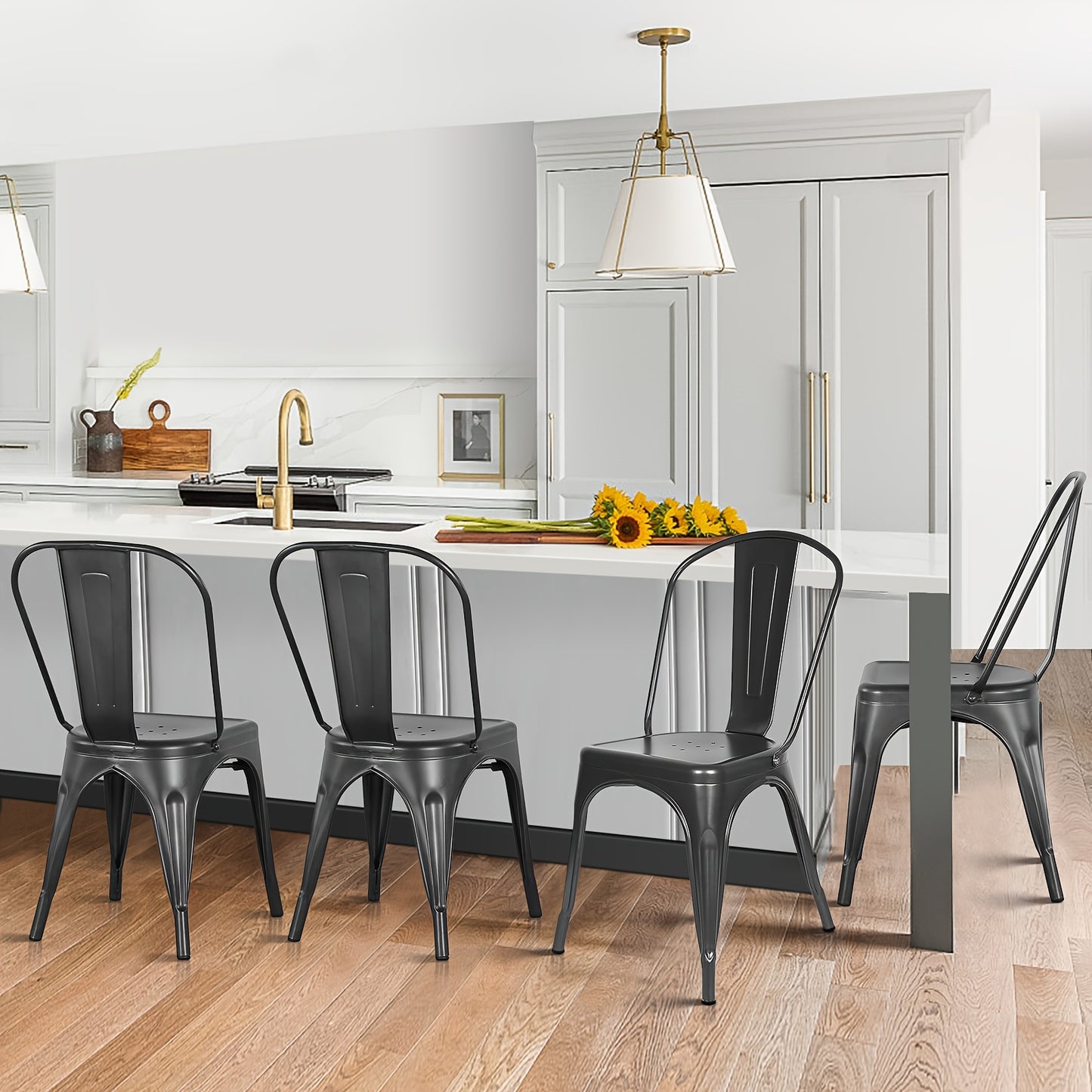 Eetkamerstoelen – Stoelen – Bistrostoelen – Keukenstoelen – Lounge Stoelen – Industrieel Design – Set Van 4 Donkergrijs – Metalen Frame – Stapelbaar