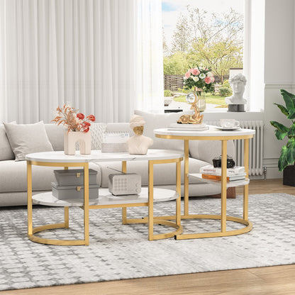 Salontafel – Bijzettafel – Woonkamertafel – Koffietafel – Tafel – 2-in-1 Set – Gouden Metalen Frame – Kunstmarmeren Blad