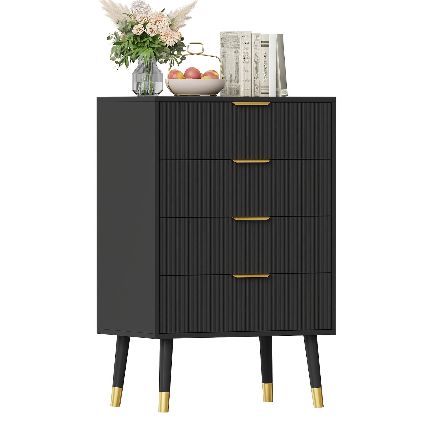 Ladekast – Ladekasten – Dressoir – Opbergkast – Ladenkast Zwart – Fluted Design – Gouden Metalen Poten – Compact Formaat – Geen Montage Nodig