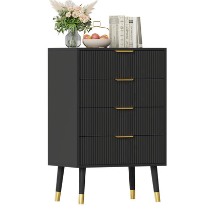 Ladekast – Ladekasten – Dressoir – Opbergkast – Ladenkast Zwart – Fluted Design – Gouden Metalen Poten – Compact Formaat – Geen Montage Nodig