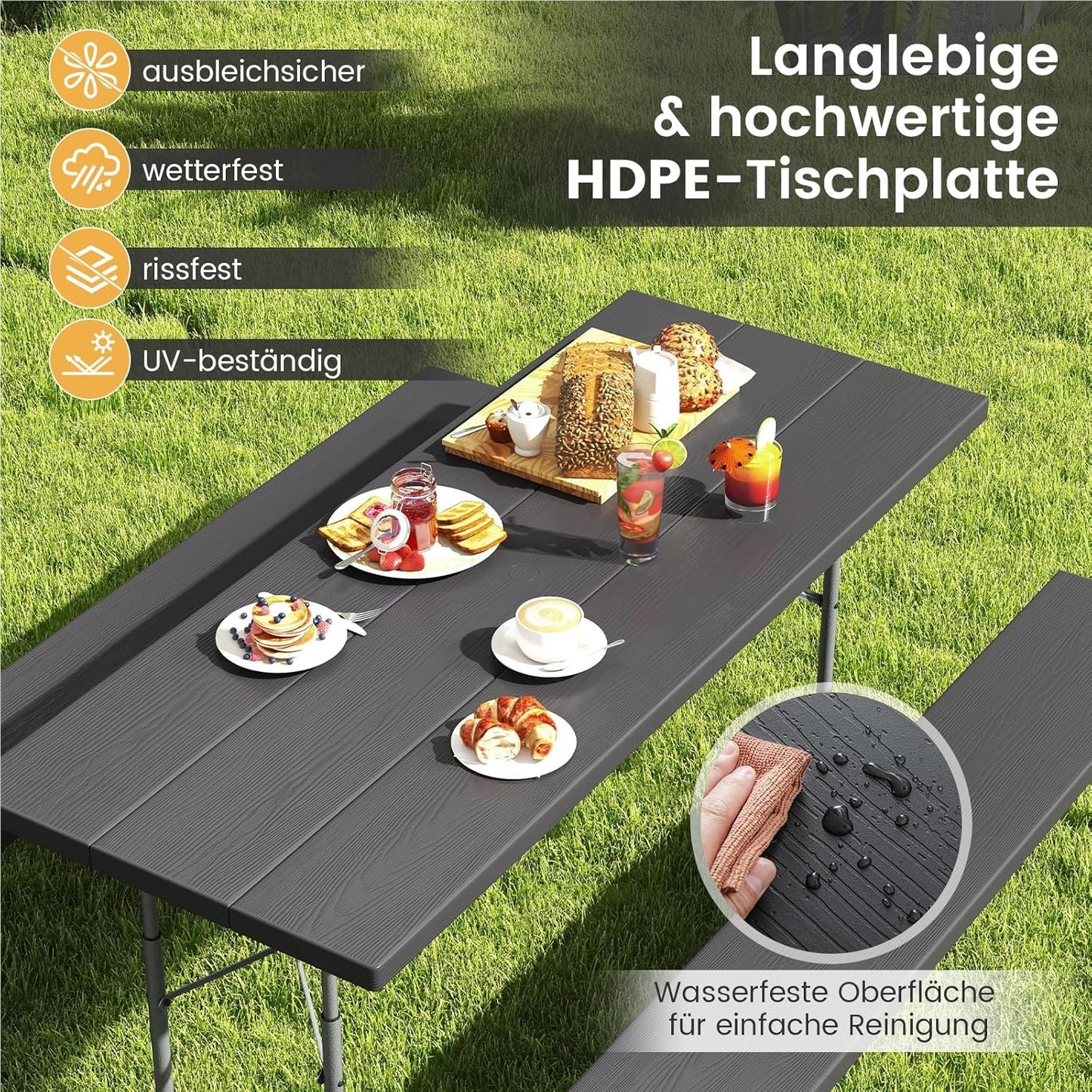 Vouwbare Bierbank – Bier Tent Set – Picknicktafel – Tuinbank – Feesttafel – Zwart – Houtlook HDPE Blad – Inclusief Parasolgat