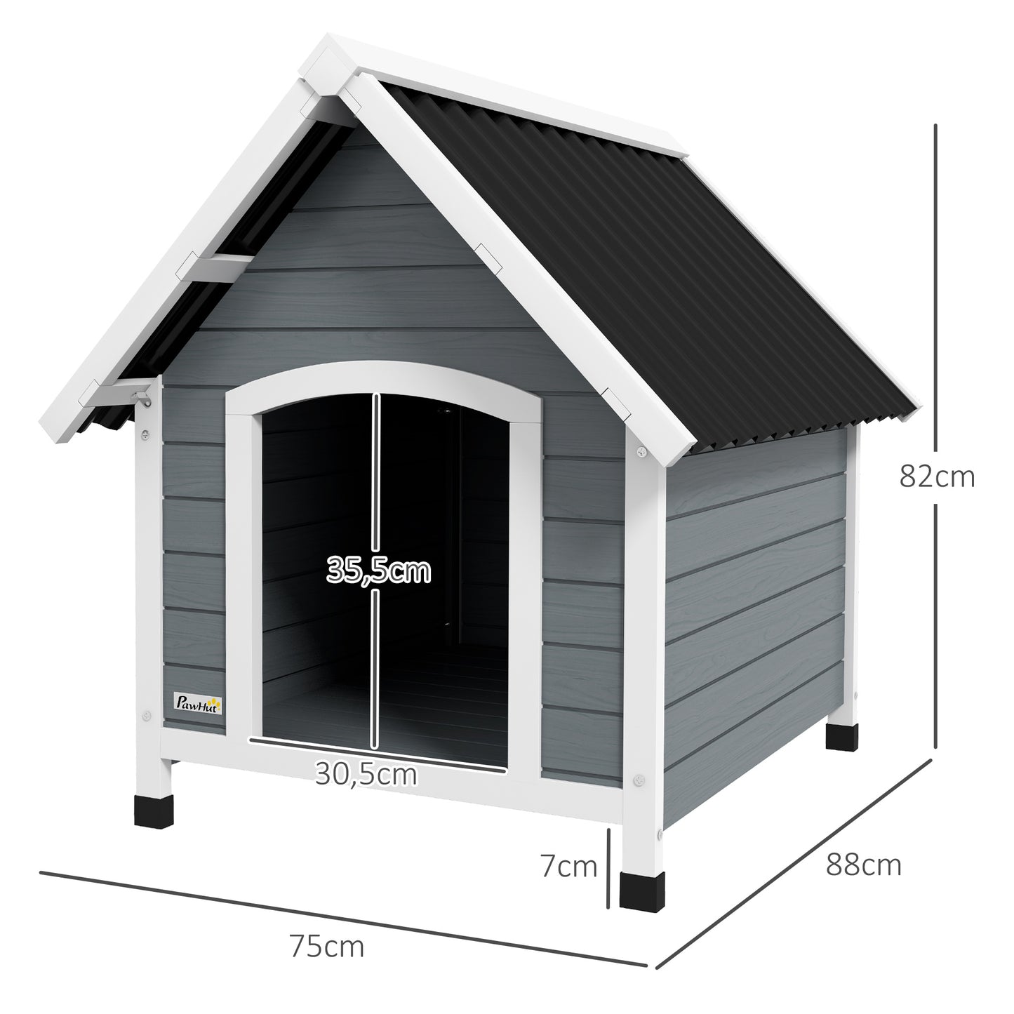 Hondenkennel – Hondenhok – Buitenkennel – Buitenhok – Hondenhuisje – Duurzaam Dennenhout – Waterafstotend Golfdak – Verstelbare Poten – Uitneembare Vloer – Grijs – Medium Honden 75x88x82 cm