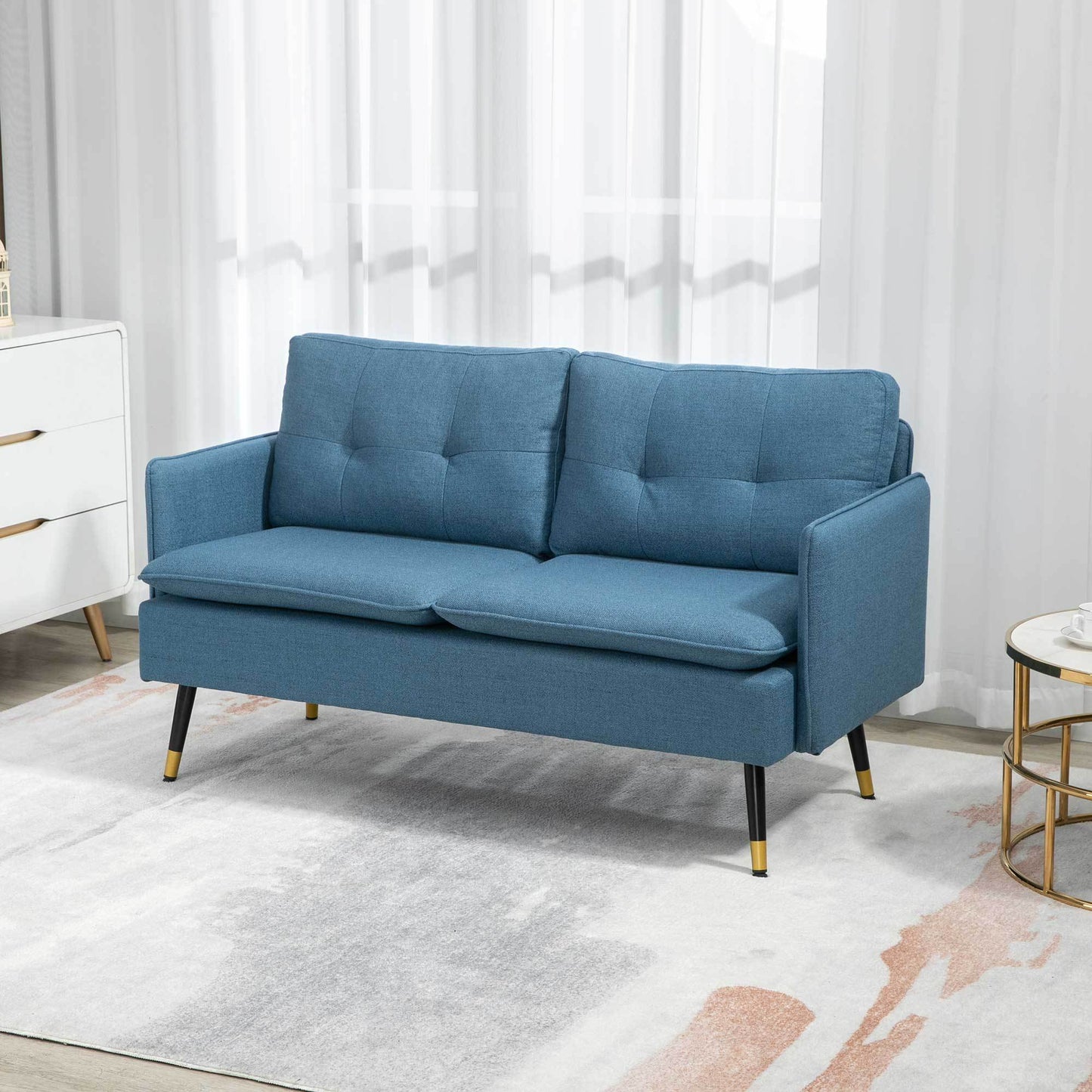 2-Zits Sofa – 2-Persoonsbank – Loveseat – Tweezitsbank – Retro Bank – Donkerblauw – Linnenlook – Knoopdetails – Compact & Comfortabel