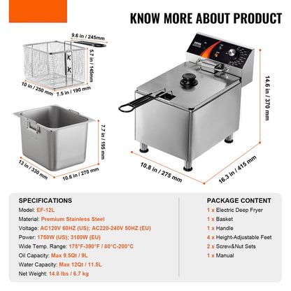 Elektrische Friteuse – Friteuse Elektrisch – Snackfriteuse – Diepfriteuse – 9 Liter Capaciteit – 3100W Vermogen – RVS Behuizing – Instelbare Temperatuur 80-200°C