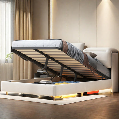 Tweepersoonsbed – Opbergbed – Stalen Bedframe – Velvet Bed – Modern Bed – 160x200 cm – LED Verlichting – USB Oplaadpoort