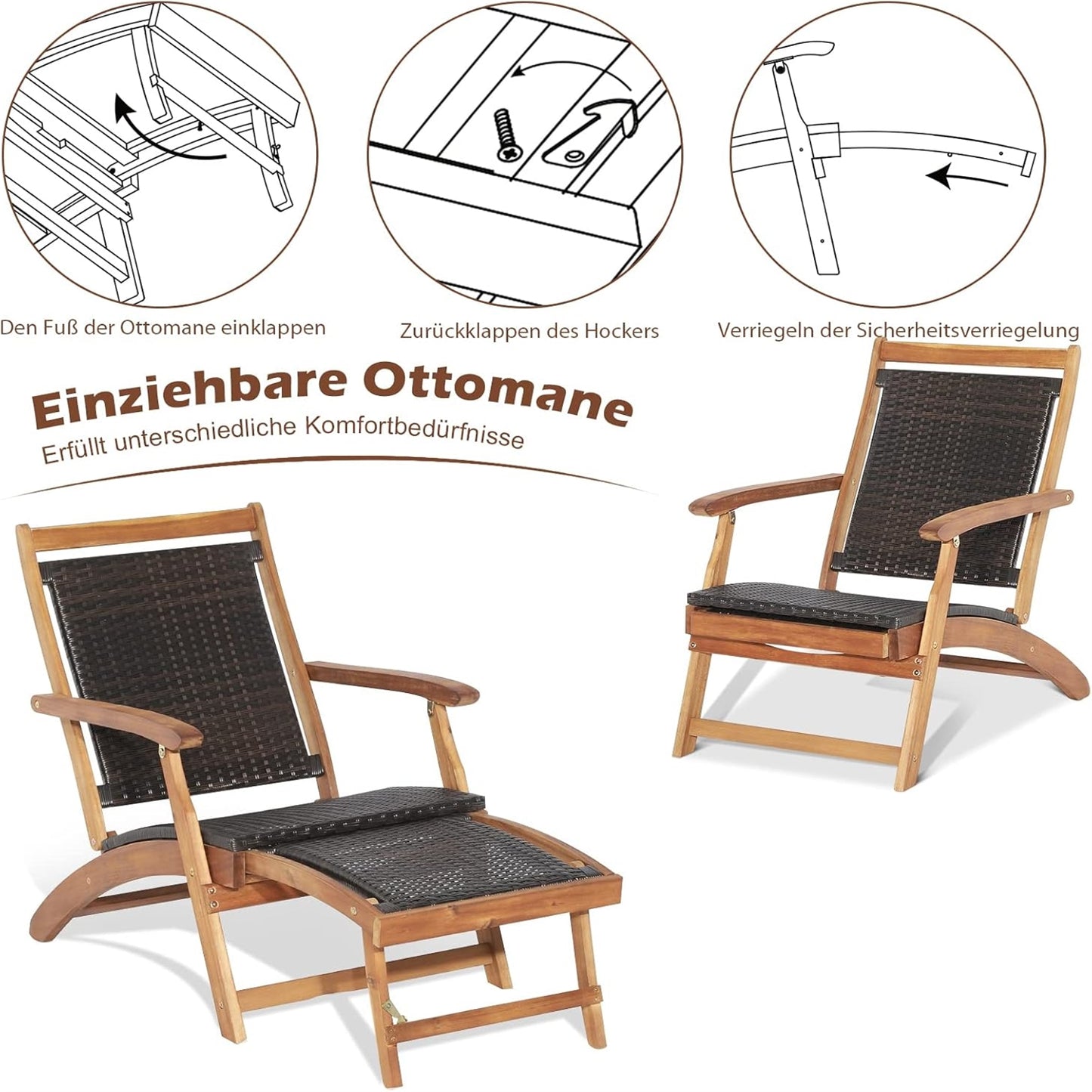 Rattan Ligstoel – Tuinstoel – Ligbed – Strandstoel – Balkonstoel – Uittrekbare Voetensteun – Inklapbaar Met Bijzettafel – Max 160 Kg Belastbaar – Weerbestendig PE-Rattan Bruin