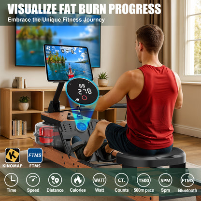 Water Rowing Machine Made Of Wood Foldable Rowing Machine With Wireless Monitor & Tablet Holder, Comfortable Seat, Load Capacity Up To 180 Kg, Without Battery