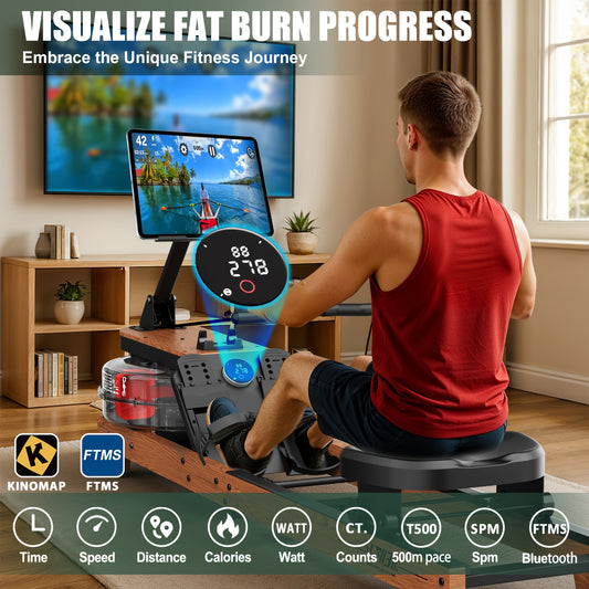 Water Rowing Machine Made Of Wood Foldable Rowing Machine With Wireless Monitor & Tablet Holder, Comfortable Seat, Load Capacity Up To 180 Kg, Without Battery