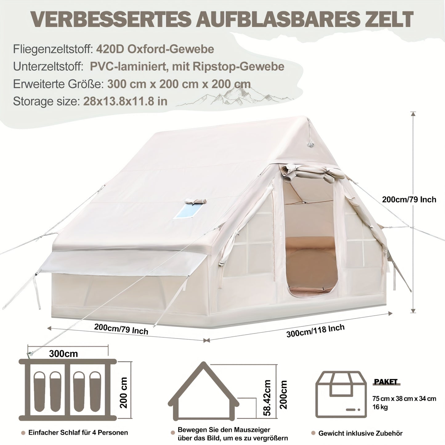 Opblaasbare Tent – Kampeertent – Familietent – Glamping Tent – Luchtbed Tent – Waterdicht – 300x200x200 cm – Snel Opblaasbaar – Hoogwaardig 420D Oxford Polyester