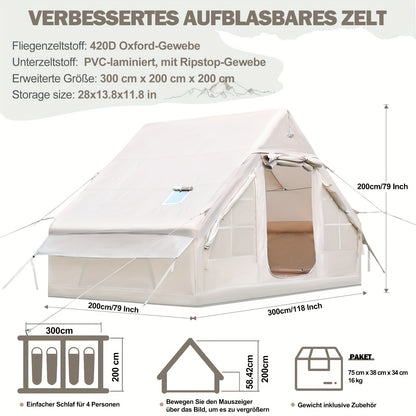 Opblaasbare Tent – Camping Tent – Lucht Tent – Luxe Tent – Festival Tent – Upgrade Versie Met Schoorsteenopening – 300x200x200 cm – Hoogwaardig 420D Oxford Stof