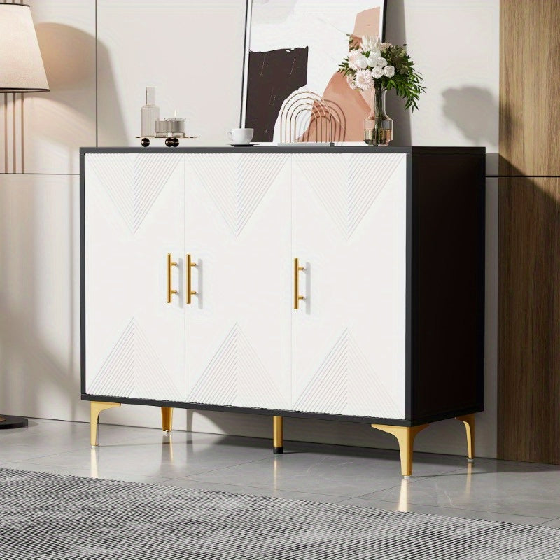 Modern Metallic Sideboard Cabinet - Elegant White & Golden Accent Storage with Doors, Non-Wood Furniture for Living Room, Bedroom, Dining Room - Easy Assembly Required, Preppy Room Decor, Bedroom Organizer, Classic Striped Do