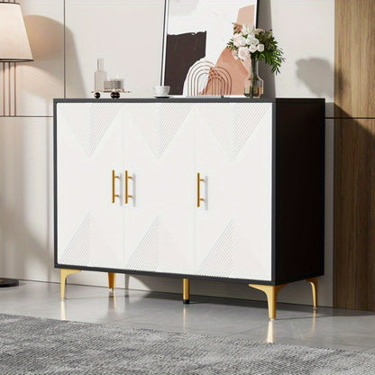Modern Metallic Sideboard Cabinet - Elegant White & Golden Accent Storage with Doors, Non-Wood Furniture for Living Room, Bedroom, Dining Room - Easy Assembly Required, Preppy Room Decor, Bedroom Organizer, Classic Striped Do