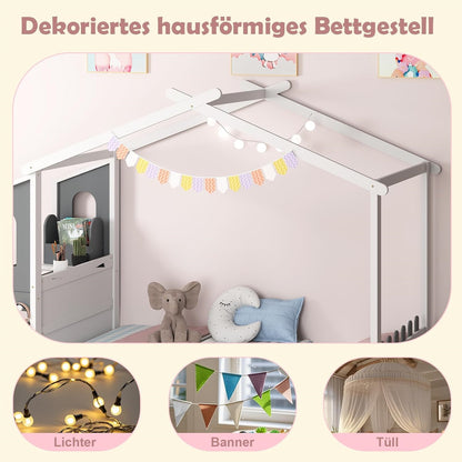 Huisbed – Kinderbed – Jeugdbed – Bed met Bureau – Bed met Laden – 90x200 cm – Houten Frame – Wit met Grijs