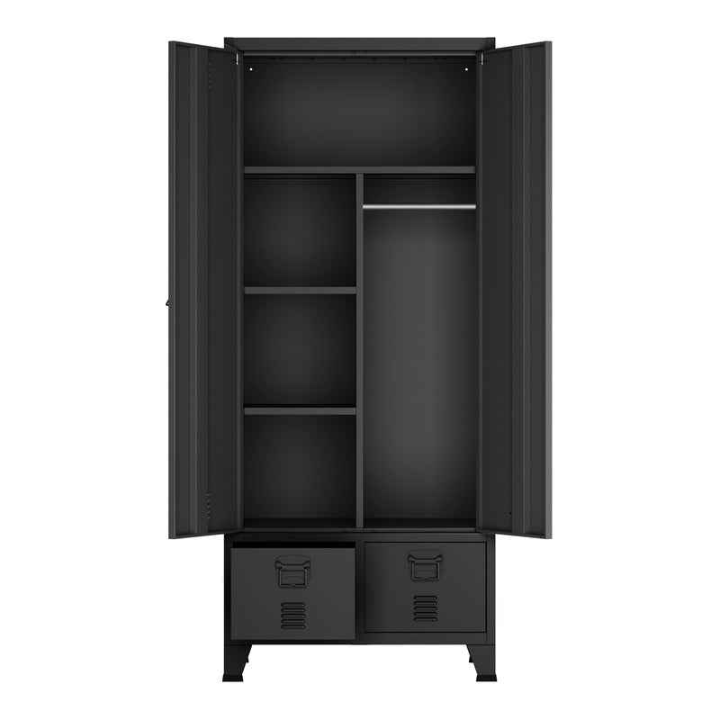 Stalen Kledingkast – Garderobekast – Kledingkast Met Laden – Opbergkast – Industrieel Design – Wit Gelakt Staal – 180 x 90 x 40 cm – Ruime Bergruimte – Stevige Constructie