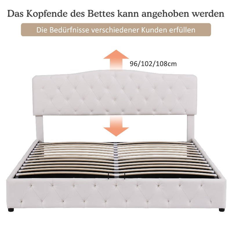 Tweepersoonsbed – Bed met Opbergruimte – Boxspring – Bedframe – Slaapbank – Matras Inclusief – Gestoffeerd Grijs – 140x200 cm – Lattenbodem van Hout