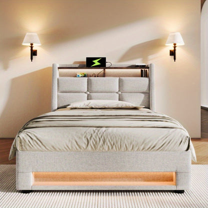 Eenpersoonsbed – 1-persoonsbed – Bed – Slaapbed – Logeerbed – Metalen Frame – Linnen Bekleding – Inclusief Matras – 90x200 cm