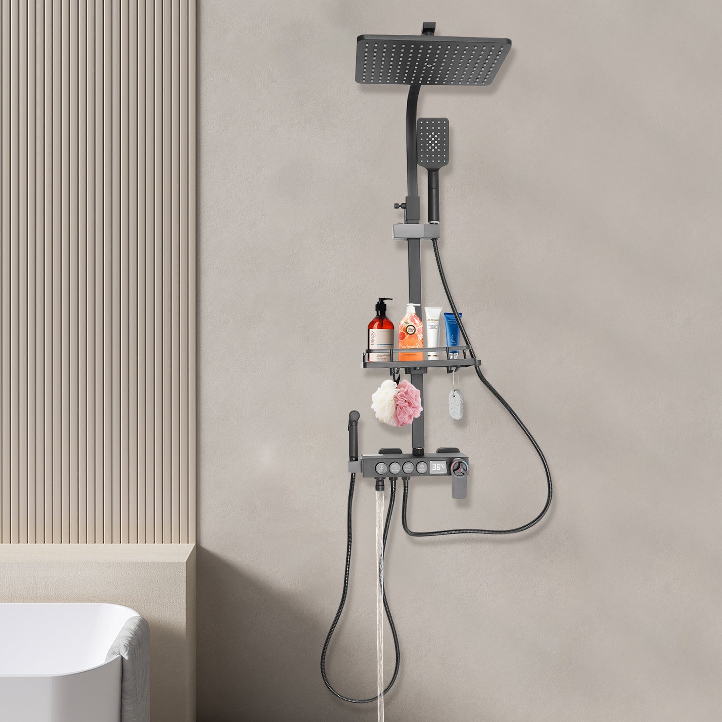 Thermostatisch Douchesysteem – Douche Set – Handdouche – Douchekop – Douchekraan – Zwart Design – Thermostatische Mengkraan – Verstelbare Hoogte 85-120 cm