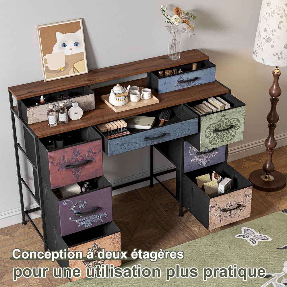 Toilettafel – Kaptafel – Make-uptafel – Opmaaktafel – Ladekast – 9 Lades – Houten blad – Metalen frame