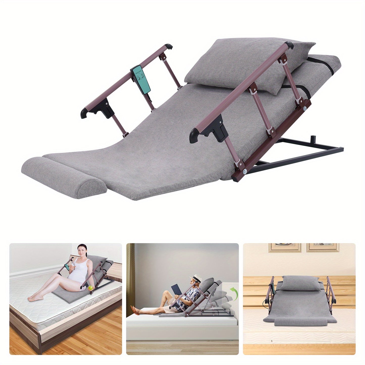 Verstelbare Rugsteun – Bedsteun – Ruggesteun – Zitsteun – Ligsteun – Inclusief Inklapbare Armleuningen – Zacht Kussenpakket – 120x75 cm Carbonstaal – Grijs