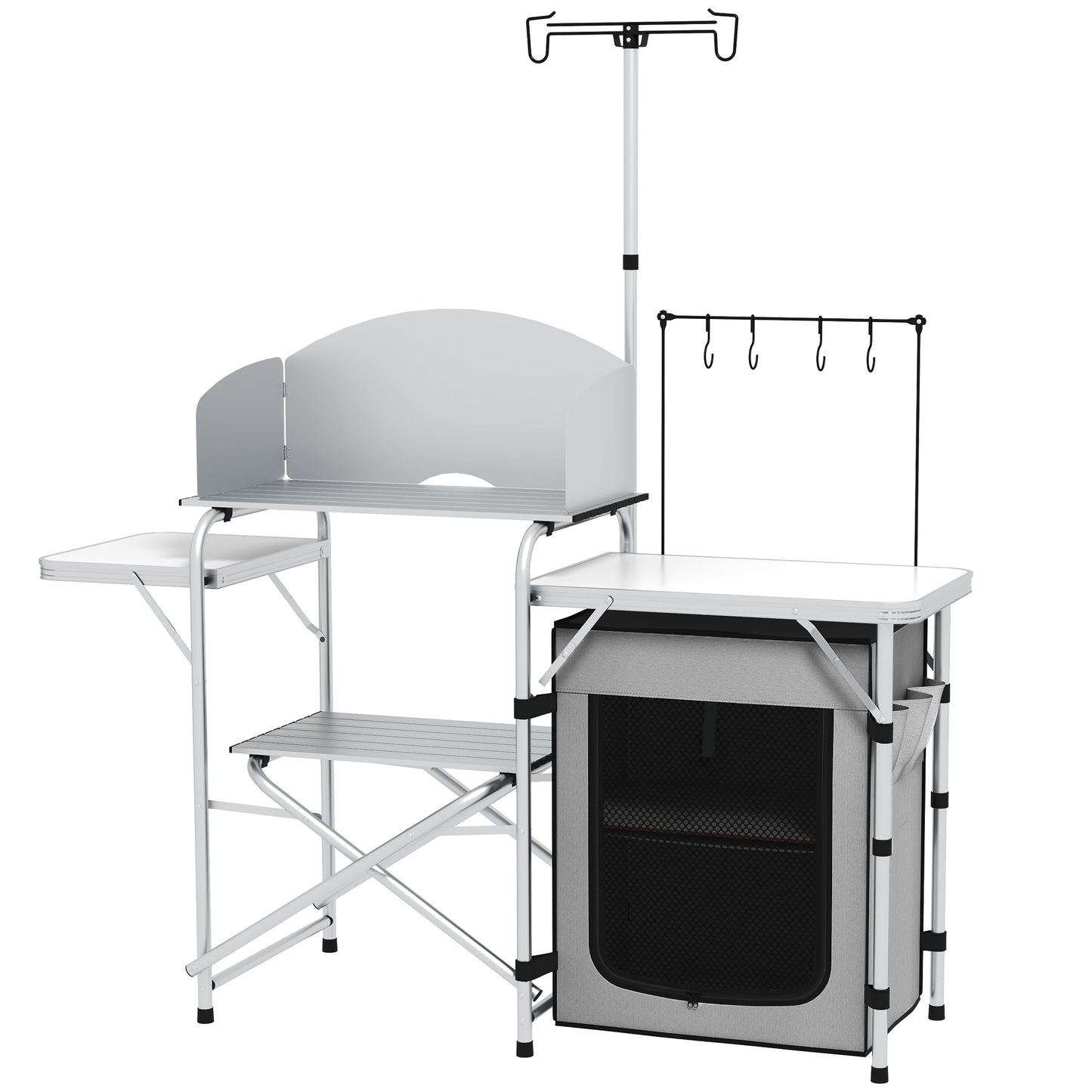 Campingkast – Campingkeuken – Kampeermeubel – Opvouwbare Kast – Outdoor Keuken – 3 Werkbladen – Windscherm – Stoffen Kast – 144x48x119 cm – Metaal Frame