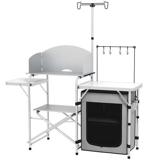 Campingkast – Campingkeuken – Kampeermeubel – Opvouwbare Kast – Outdoor Keuken – 3 Werkbladen – Windscherm – Stoffen Kast – 144x48x119 cm – Metaal Frame