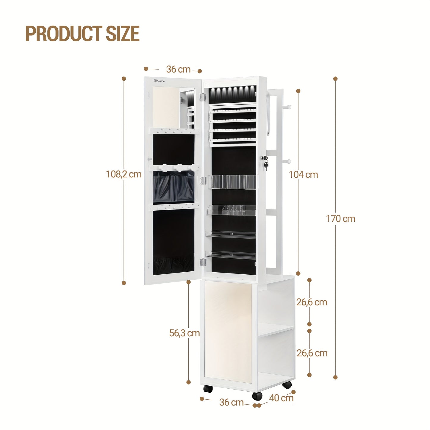 Verticale Sieradencabinet – Sieradenkastje – Spiegelkast – Organizer – Accessoirekast – Met Slot en Wieltjes – MDF met Fluwelen Voering – 36x40x170 cm – Wit/zwart