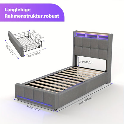 Opbergbed 90x200 cm – Opbergbedden – Ladebed – Bed met Opbergruimte – Slaapbank – Grijs Gestoffeerd – 4 Ruime Lades – Ingebouwd Oplaadstation