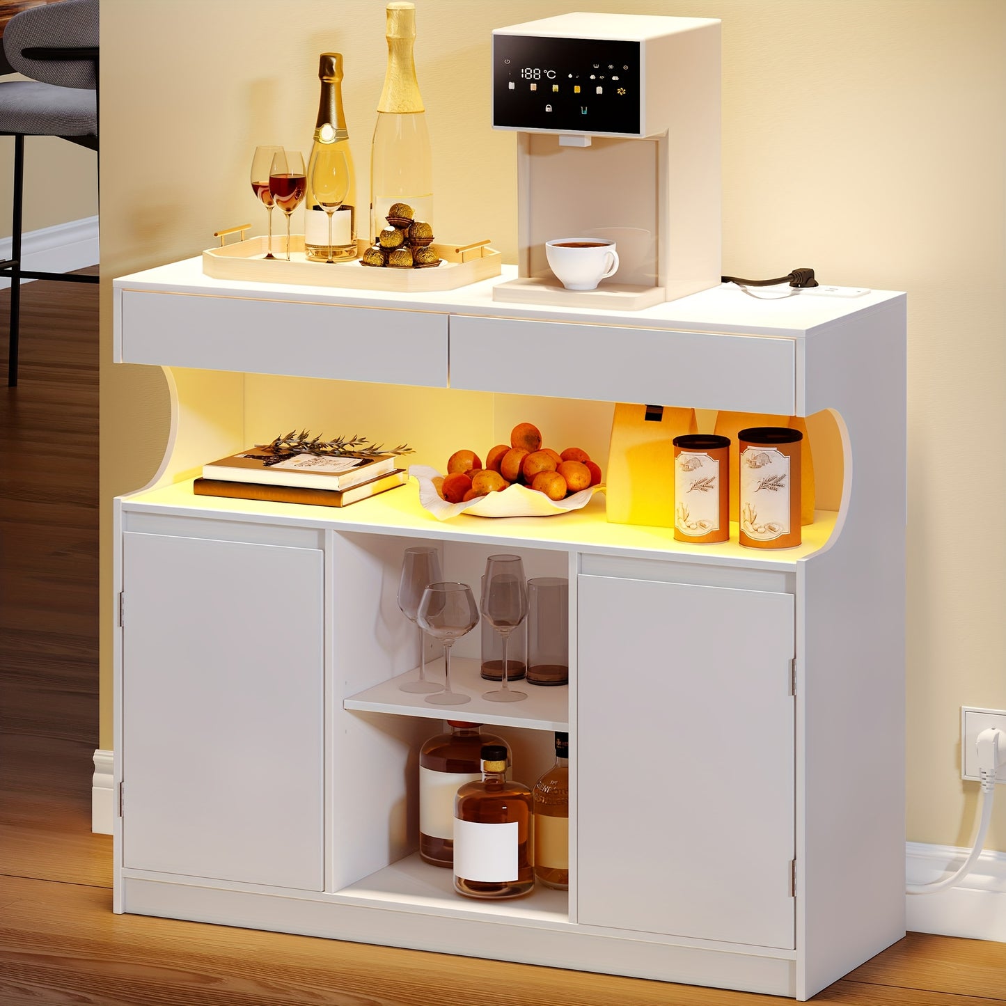 Dressoir – Sideboard – Buffetkast – Opbergkast – Keukenkast – Met Ingebouwde Stekkerdoos – LED-verlichting – 2 Laden – 2 Deuren – Verstelbare Planken – Wit – 30x100x85 cm
