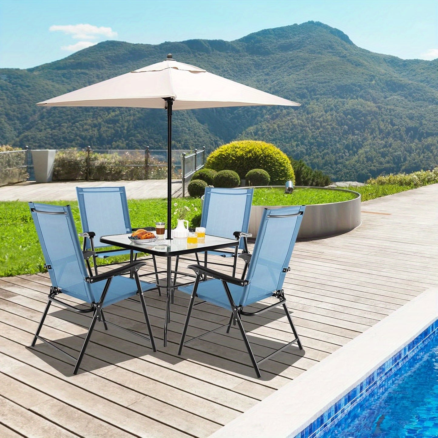 Tuinstoel Set – Klapstoel – Balkonstoel – Tuinzetel – Stoel Met Armleuning – Weerbestendig Stof – Sterk Metalen Frame – Blauw – Set Van 4
