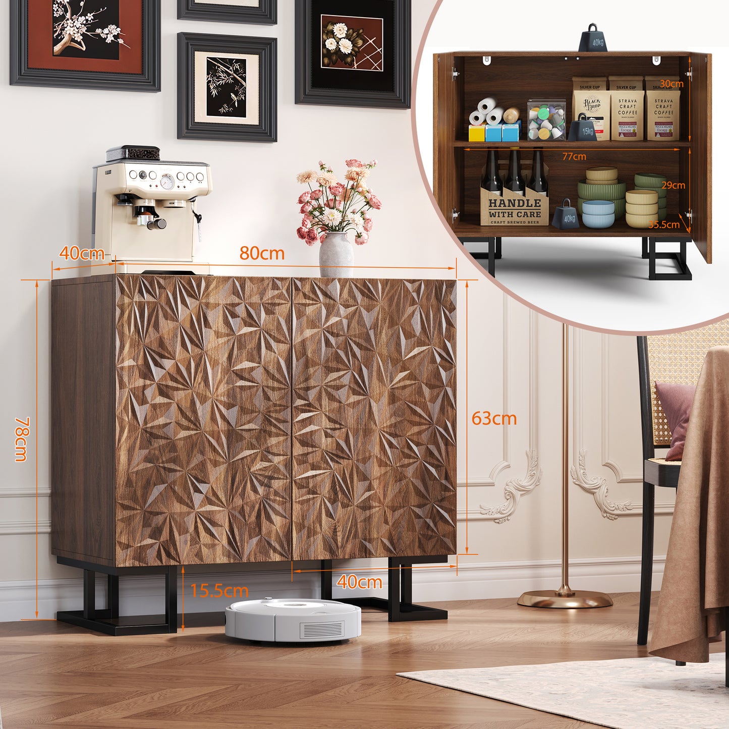 BTM Sideboard Cabinet 80X40X78 Cm Dark Walnut Optics with Leaf Relief, Push-To-Open Doors, Metal Legs 15 Cm, Modern Sideboard with Tilt Protection for Living Room, Dining Room & Hallway