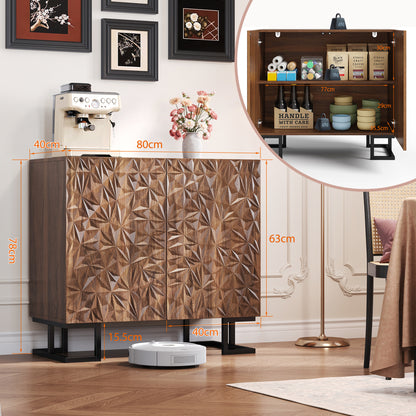 BTM Sideboard Cabinet 80X40X78 Cm Dark Walnut Optics with Leaf Relief, Push-To-Open Doors, Metal Legs 15 Cm, Modern Sideboard with Tilt Protection for Living Room, Dining Room & Hallway