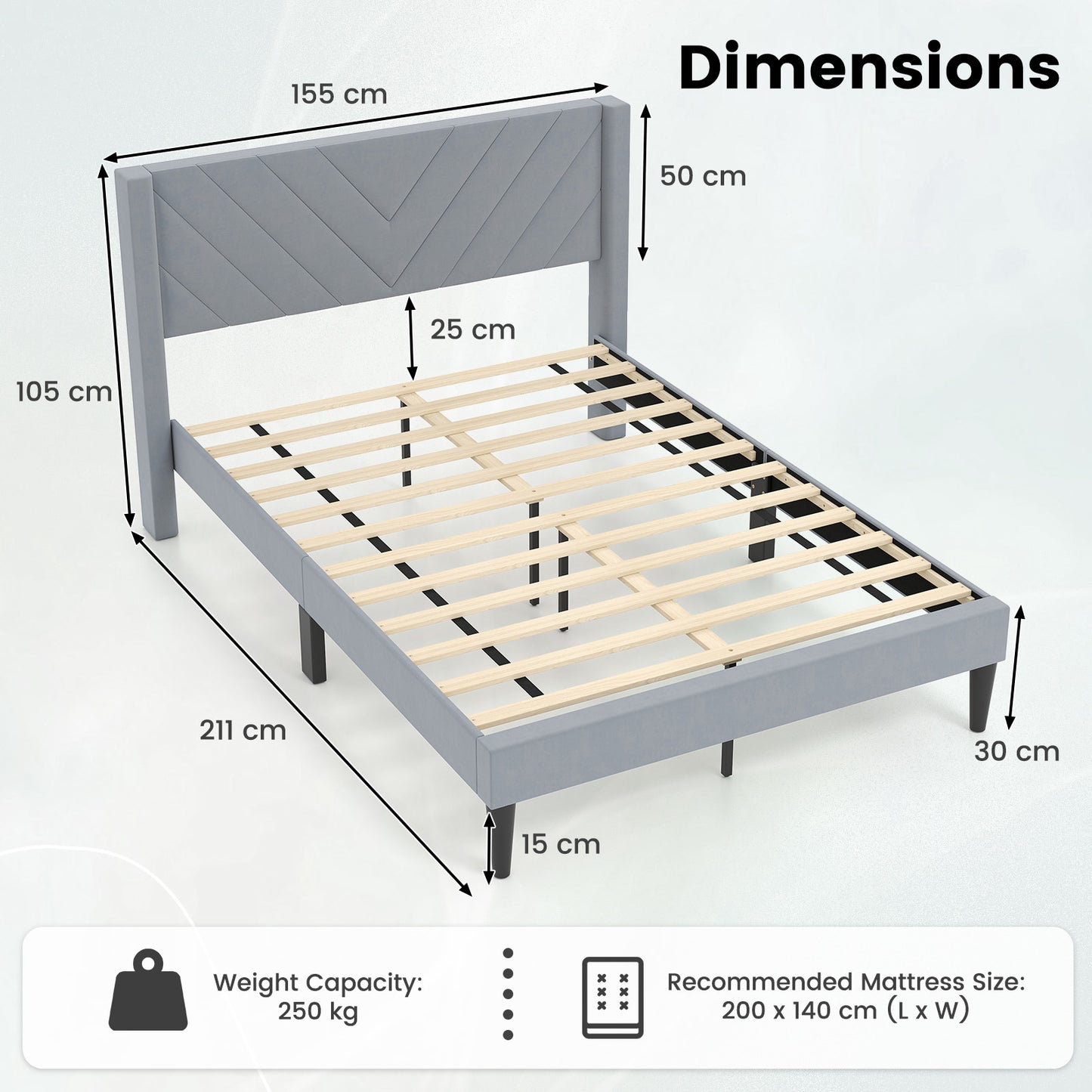 Tweepersoons Bed Frame – Bedbodem – Bed Frame – Platform Bed – Boxspring Frame – Fluwelen Bekleding – 200 x 140 CM – Houten Lattenbodem