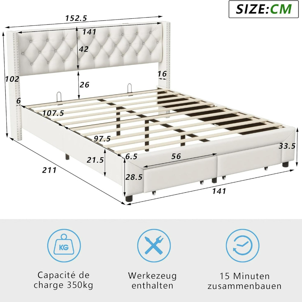 Bed – Bedkast – Tweepersoonsbed – Opbergbed – Opbergkast – Crème Kleur – LED Hoofdbord – 140x200 cm – 2 Grote Lades – USB Oplaadpoort