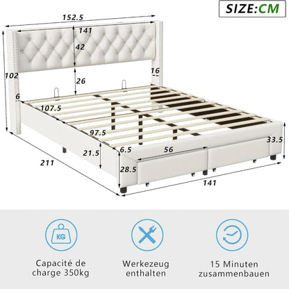Bed – Bedkast – Tweepersoonsbed – Opbergbed – Opbergkast – Crème Kleur – LED Hoofdbord – 140x200 cm – 2 Grote Lades – USB Oplaadpoort