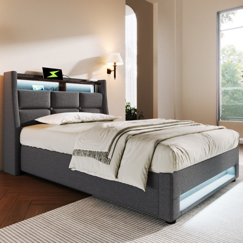 Single Bed with Metal Frame and Linen Fabric, 90x200cm, Includes Mattress