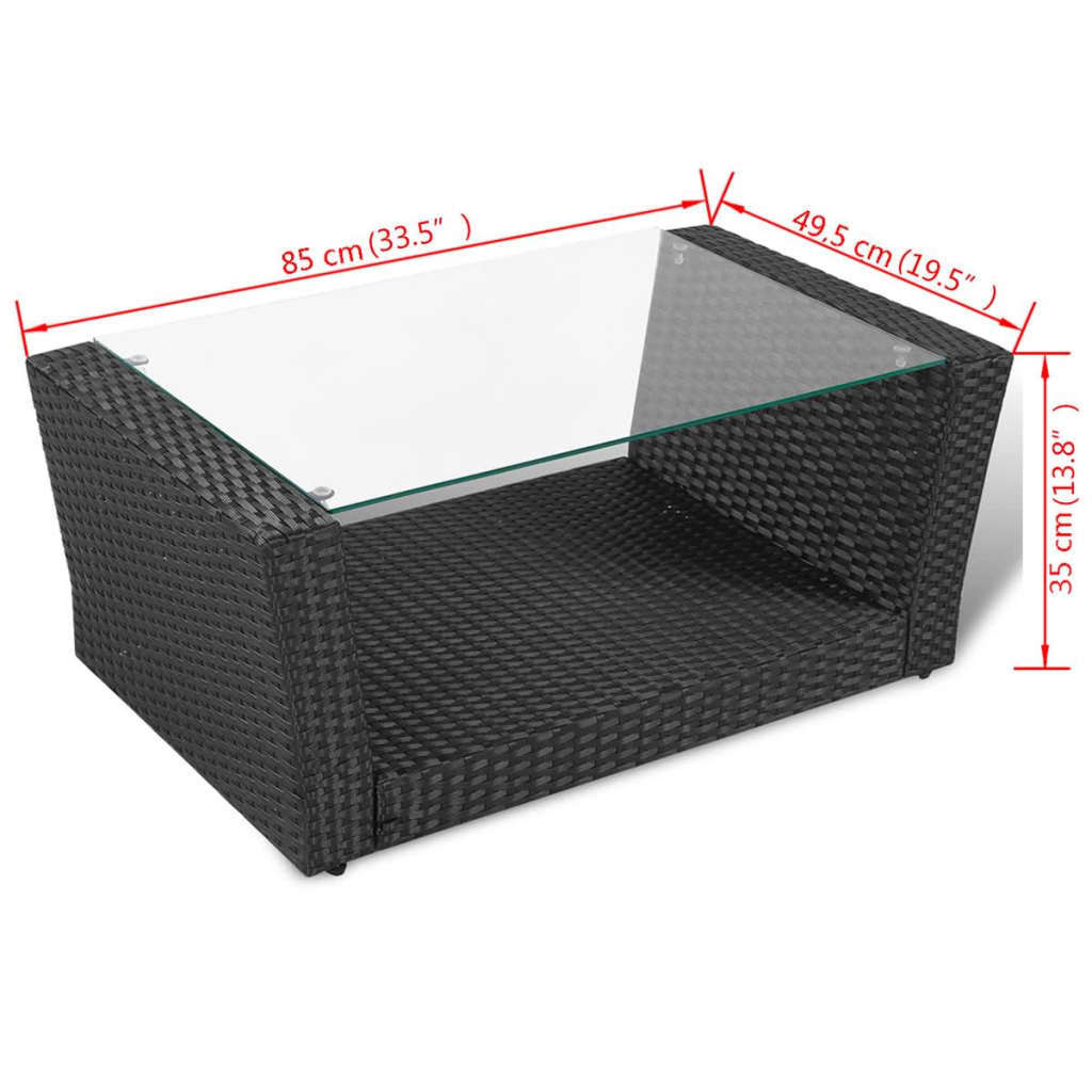 Loungeset – Tuinset – Rattan Loungeset – Buitenmeubel – Tuinmeubel – Weerbestendig Poly Rattan – Waterafstotende Kussens – Zwart – Glazen Tafelblad