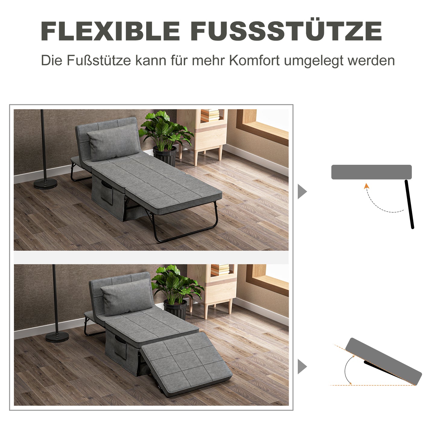4-in-1 Opvouwbaar Bed – Guestbed – Opklapbed – Verstelbaar Bed – Extra Slaapplek – Met Matras – Met Zijvakjes – Stabiel Metaalframe – Grijs – 188x75x38 cm