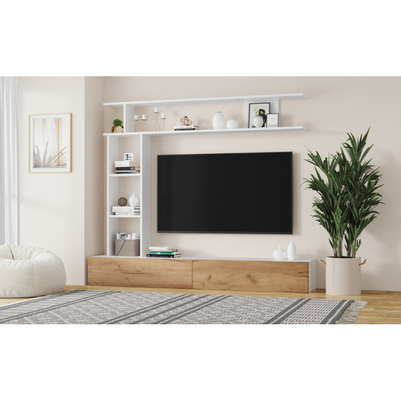 Tv Meubelset – Tv Meubel – Wandmeubel – Mediameubel – Woonkamerkast – Wit en Houtkleurig Spaanplaat – Geschikt Voor Tv’s Tot 80 Inch – Compleet Met Staande En Wandplank