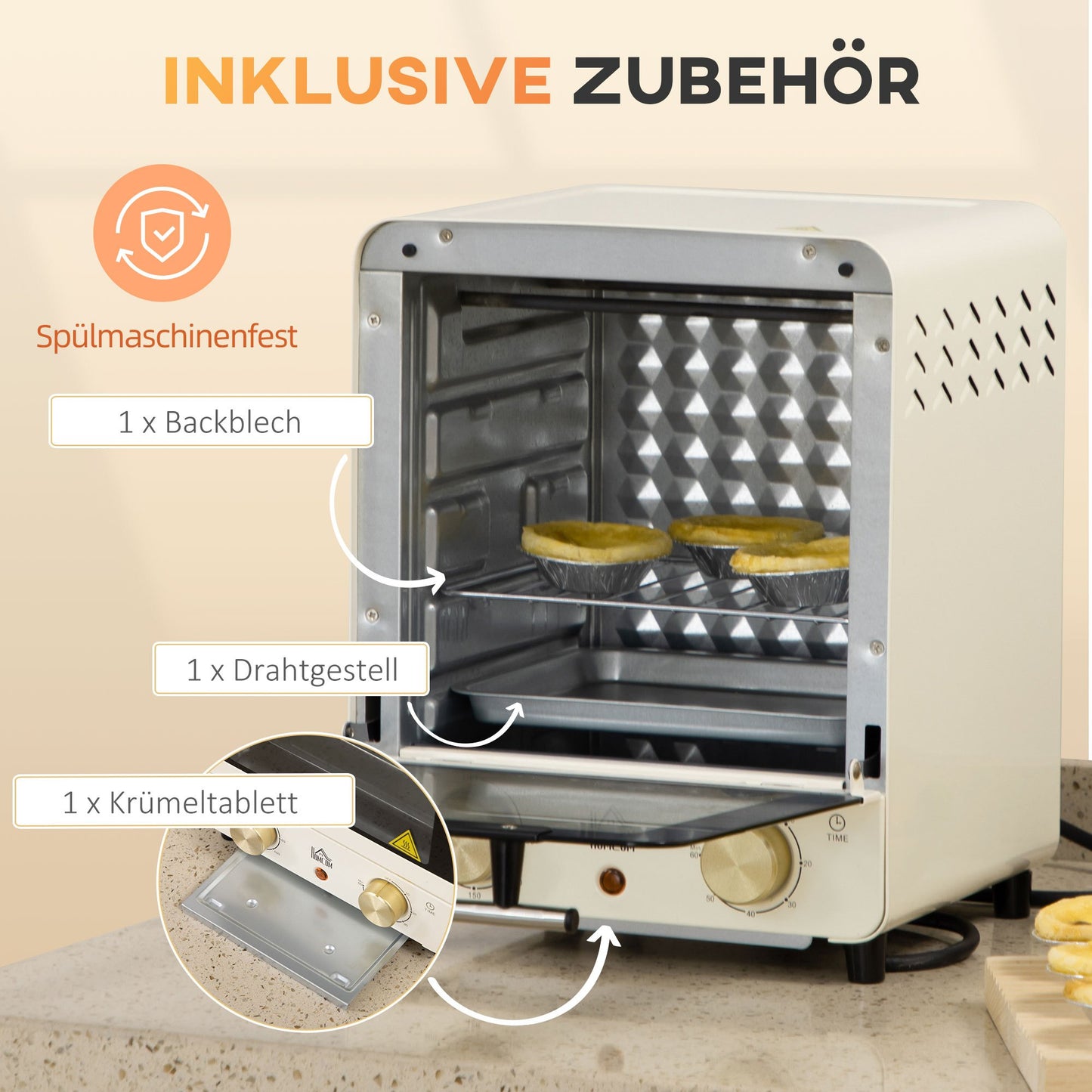 Mini Oven – Mini Ovenn – Tafeloven – Elektrische Oven – Creme Kleur – 15L Inhoud – 1000W Vermogen