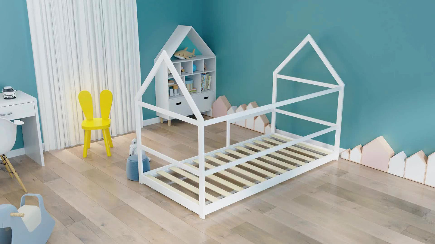Kinderbed Huis – Cabin Bed – Bunk Bed – Speelbed – Huisbed – Houten Bed – Anti-Val Bescherming – Inclusief Lattenbodem en Dak – Wit – 90x190 cm