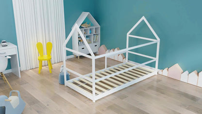 Kinderbed Huis – Cabin Bed – Bunk Bed – Speelbed – Huisbed – Houten Bed – Anti-Val Bescherming – Inclusief Lattenbodem en Dak – Wit – 90x190 cm