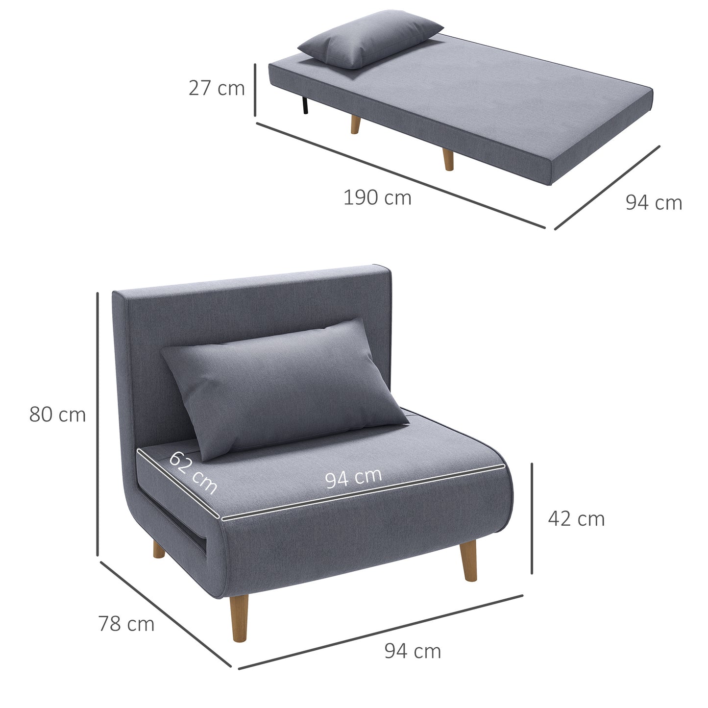 Slaapbank – Bedbank – Sofa Bed – Slaapbankje – Klapstoel – Scandinavisch Design – Verstelbare Rugleuning – Massief Grenenhouten Frame – Grijs Linnen-Look