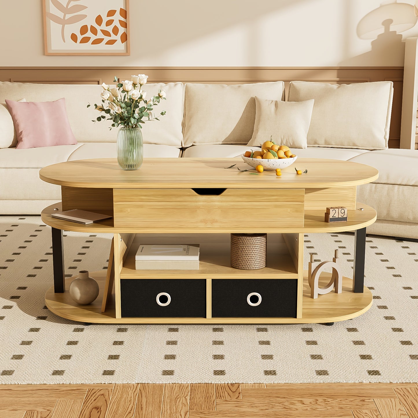 Salontafel – Koffietafel – Tafel – Bijzettafel – Woonkamertafel – Modern Lift-Top Mechanisme – Opbergruimte Met Zwarte Stoffen Lades