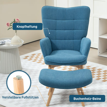 Fauteuil – Relaxstoel – Accentstoel – Armstoel – Clubstoel – Blauw – Met Voetenbank – Zachte Corduroy Stof – Stevige Houten Poot