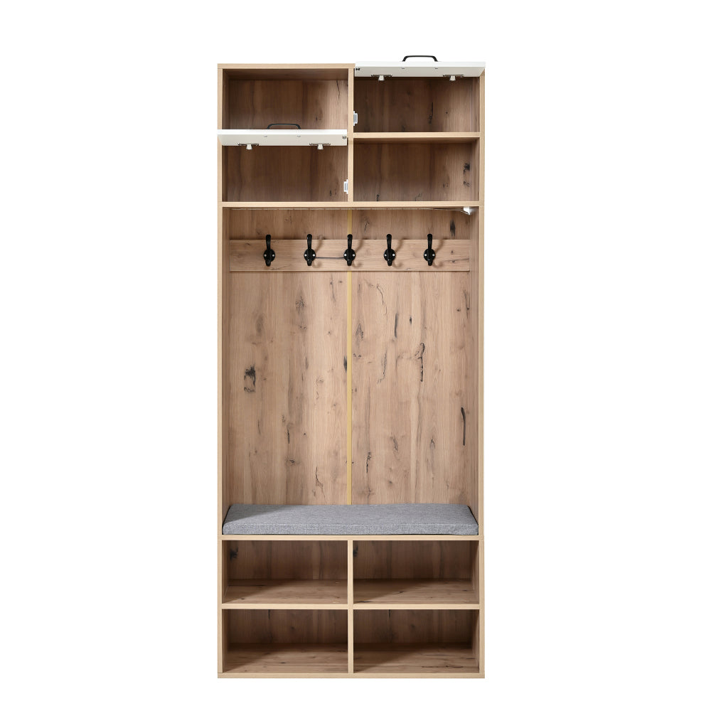 Kapstok – Halmeubel – Garderoberek – Zitbank – Opbergmeubel – 5 Haken – 2 Deuren Met 6 Open Vakken – Natuurlijk Hout Met Wit – 80x185x35 cm